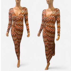 ANDRADE Orange and Brown Long Sleeve V-Neck Bodycon Dress S